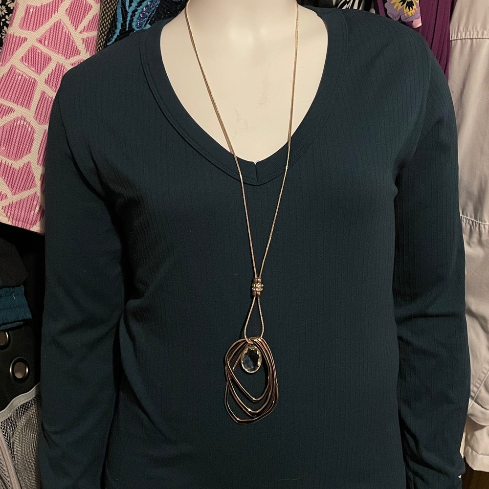 Premier Designs Gold Tone Long Pendant Necklace drop Crystal Abstract 3 Hoops